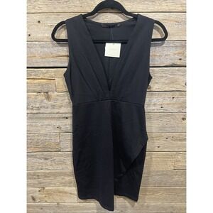 NWT Fraiche By J Women's Black Mini Dress Size Small Plunging Neckline Faux Wrap